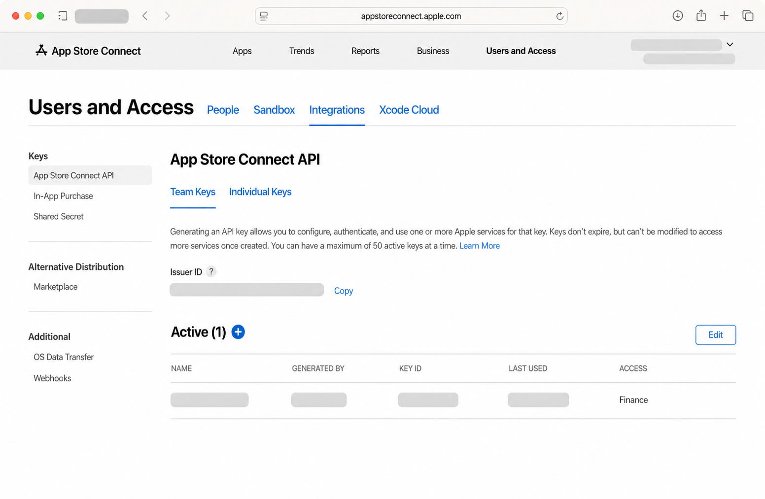App Store Connect Users and Access screen showing Team Keys navigation and Issuer ID