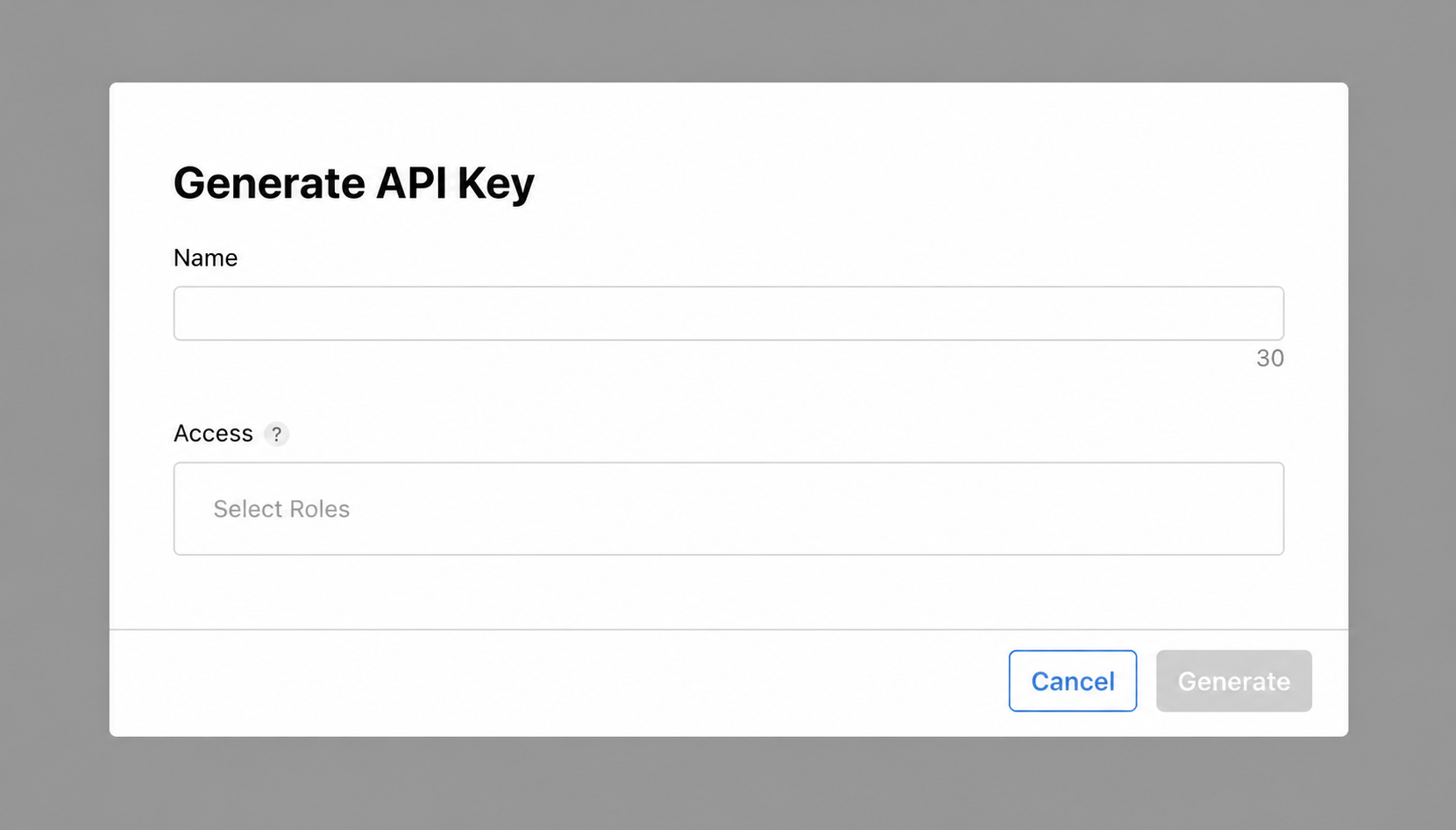 App Store Connect Generate API Key modal form with Name and Access fields
