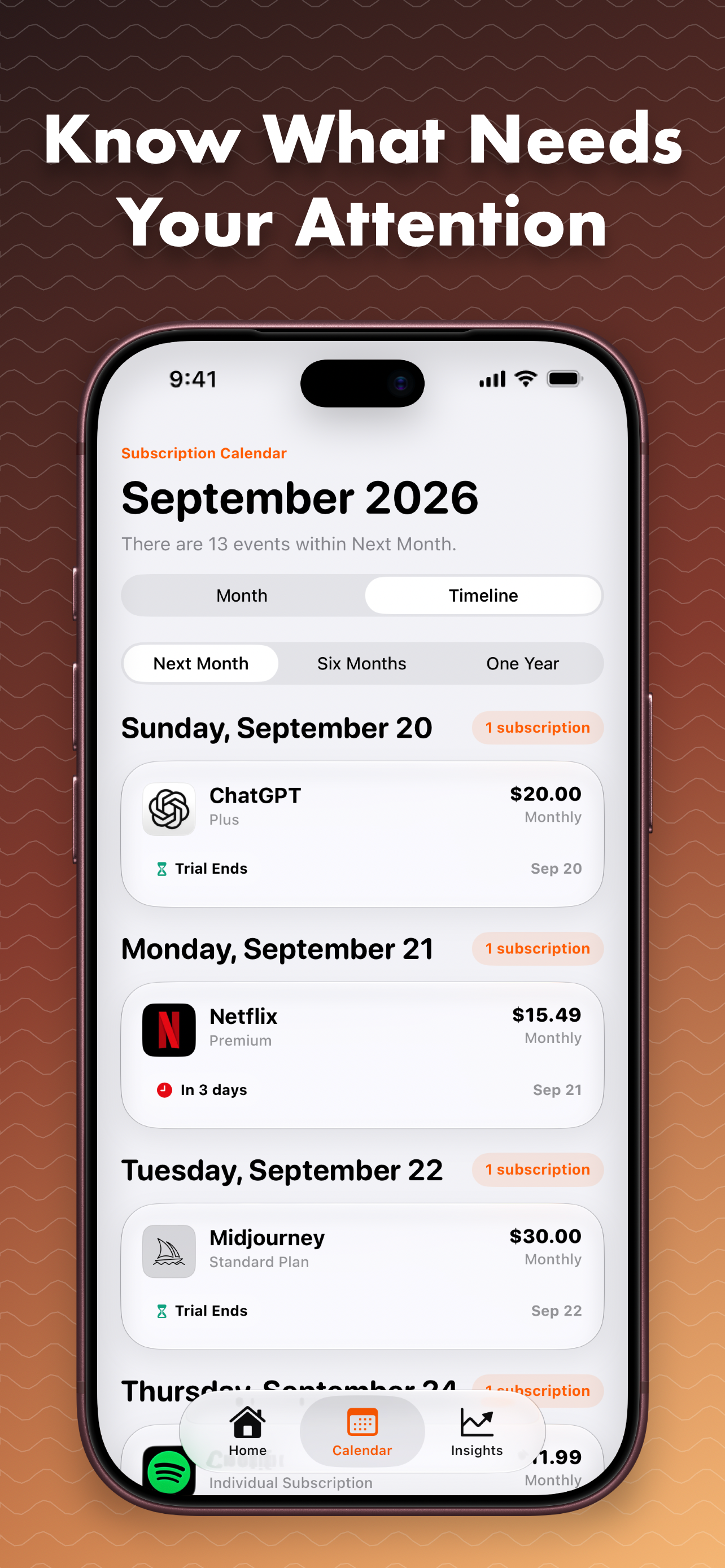 AllMySubs calendar view of upcoming subscription charges